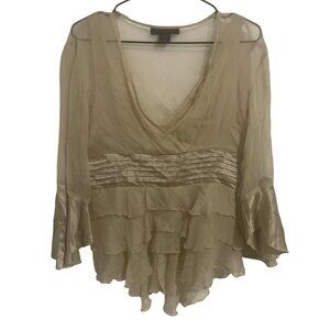 Silkland Womens Beige Silk Ruffle Hem Retro Blouse Flared Sleeves Size S Party E